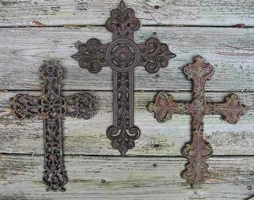 The Birdhouse Chick Plaques, Stepping Stones & Wall Decor Cast Iron Crosses-Set Of 3 Dark With Verde Accents 3 The Birdhouse Chick Plaques, Stepping Stones & Wall Decor Cast Iron Crosses-Set Of 3 Dark With Verde Accents